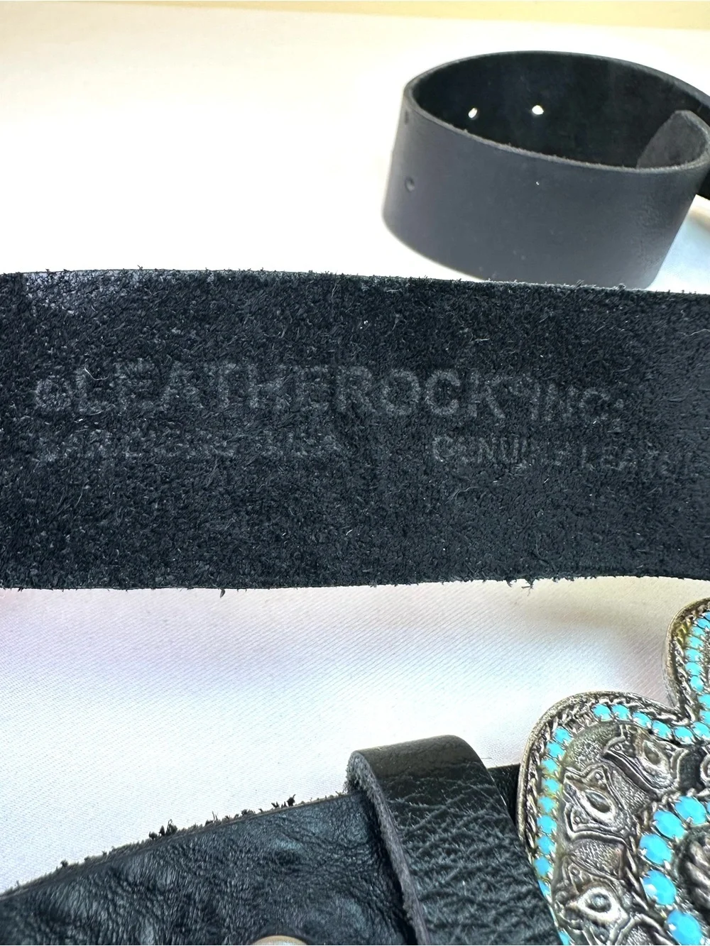 Leatherock Black leather handcrafted artisan buckle turquoise-style cabochons